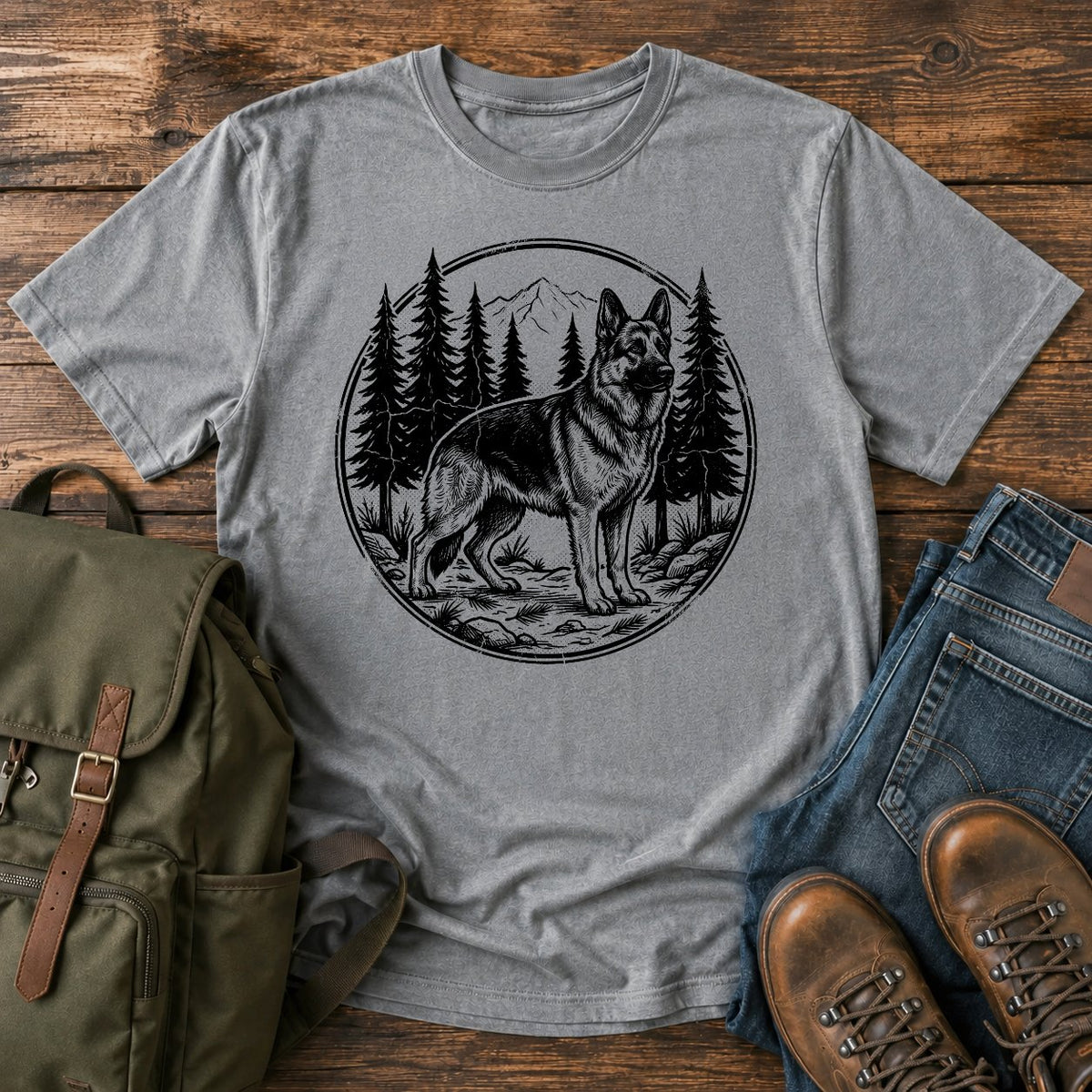 German Shepherd forest trail scene t-shirt design