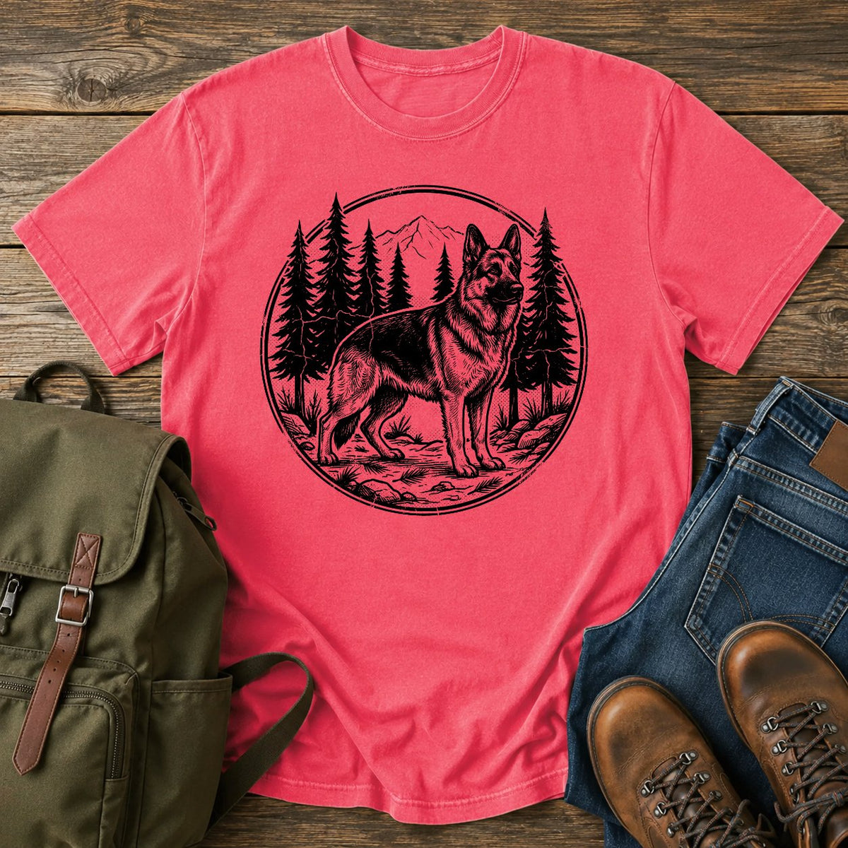 German Shepherd forest trail scene t-shirt design