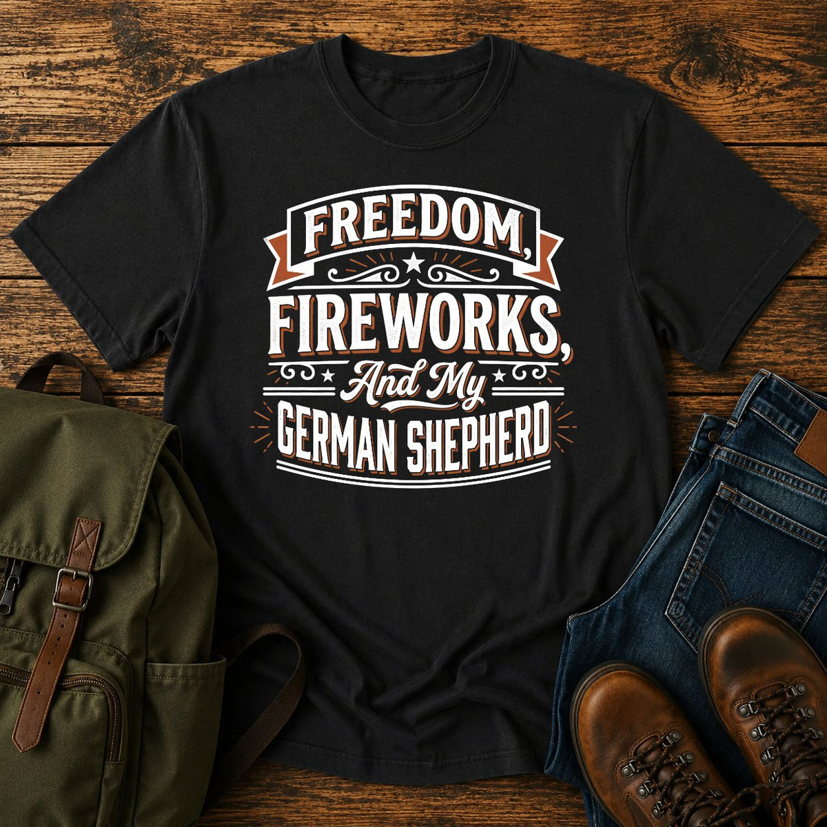 German Shepherd patriotic fireworks t-shirt design with Freedom Fireworks slogan