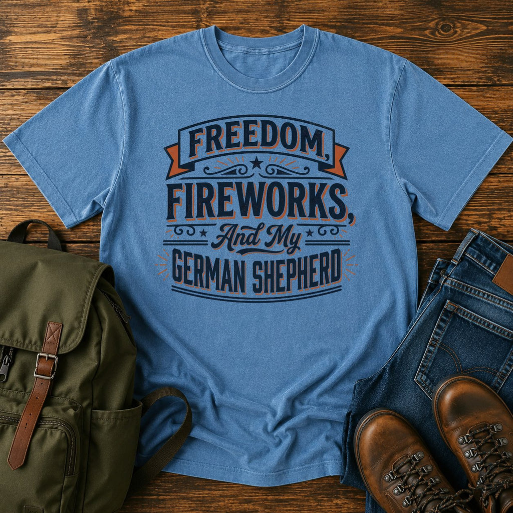 German Shepherd patriotic fireworks t-shirt design with Freedom Fireworks slogan
