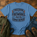 German Shepherd patriotic fireworks t-shirt design with Freedom Fireworks slogan