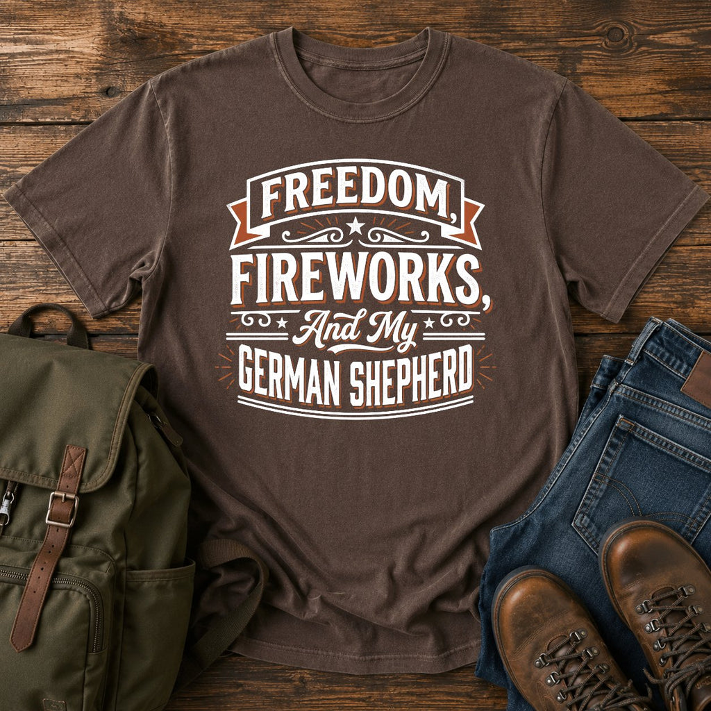 German Shepherd patriotic fireworks t-shirt design with Freedom Fireworks slogan