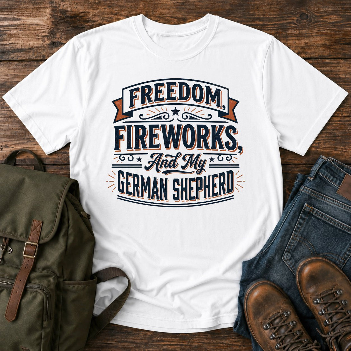 German Shepherd patriotic fireworks t-shirt design with Freedom Fireworks slogan