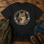 German Shepherd wildflower heart graphic t-shirt with cottagecore floral wreath artwork