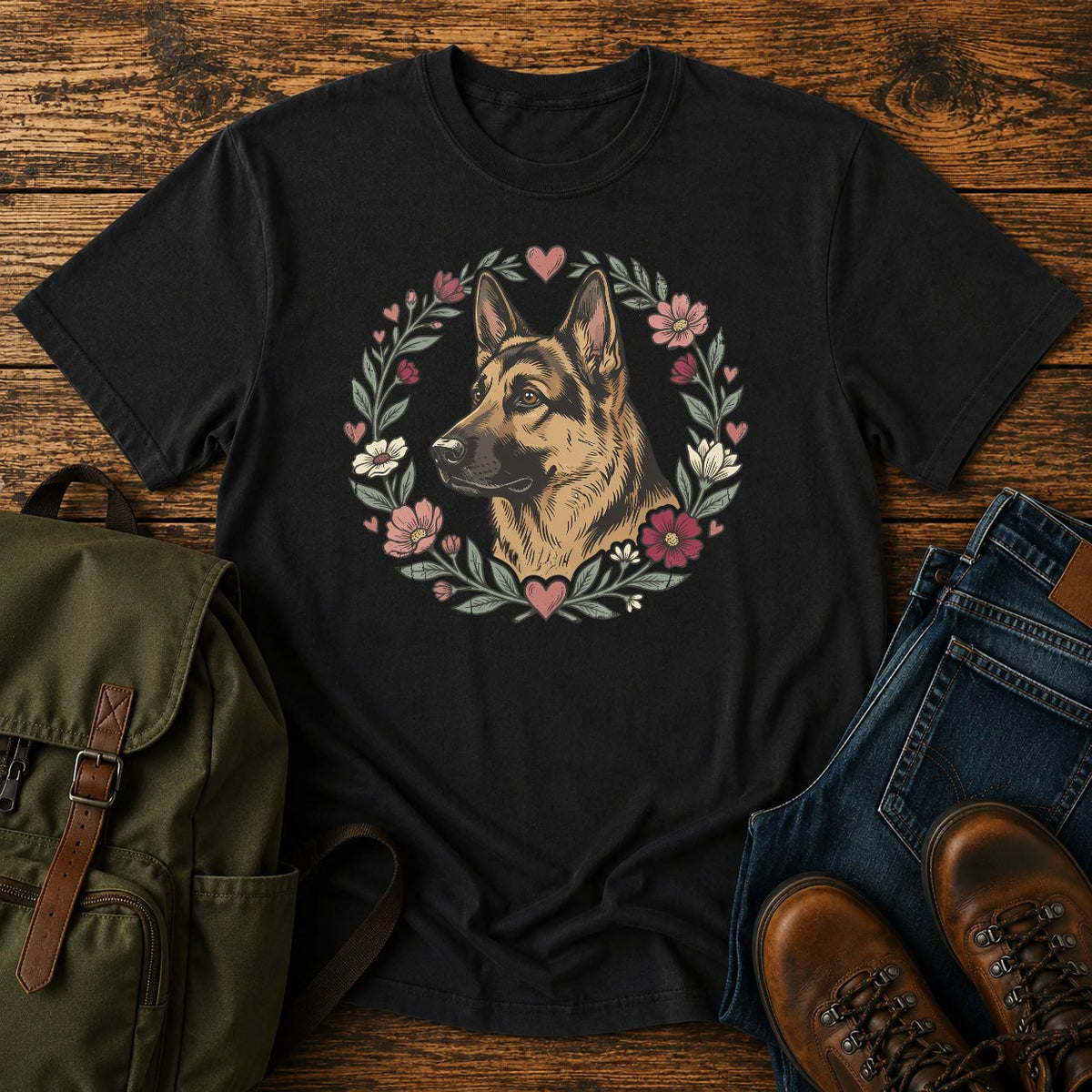 German Shepherd wildflower heart graphic t-shirt with cottagecore floral wreath artwork
