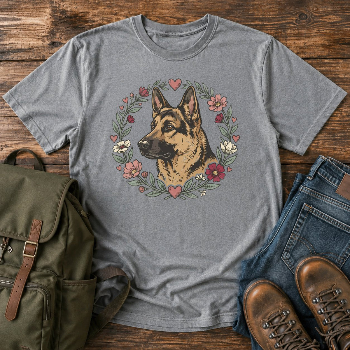 German Shepherd wildflower heart graphic t-shirt with cottagecore floral wreath artwork