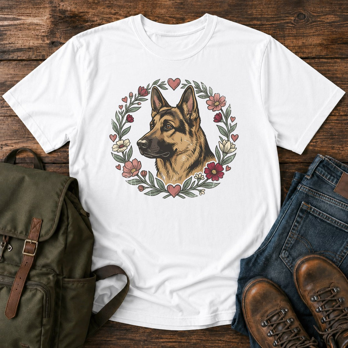 German Shepherd wildflower heart graphic t-shirt with cottagecore floral wreath artwork
