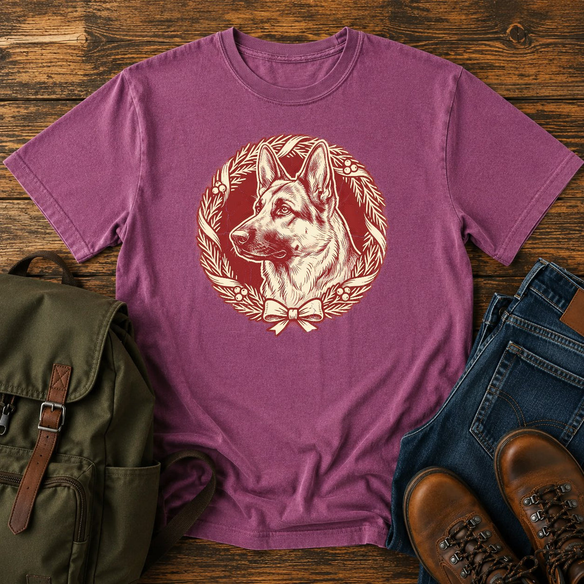 German Shepherd holiday wreath t-shirt design with festive dog portrait