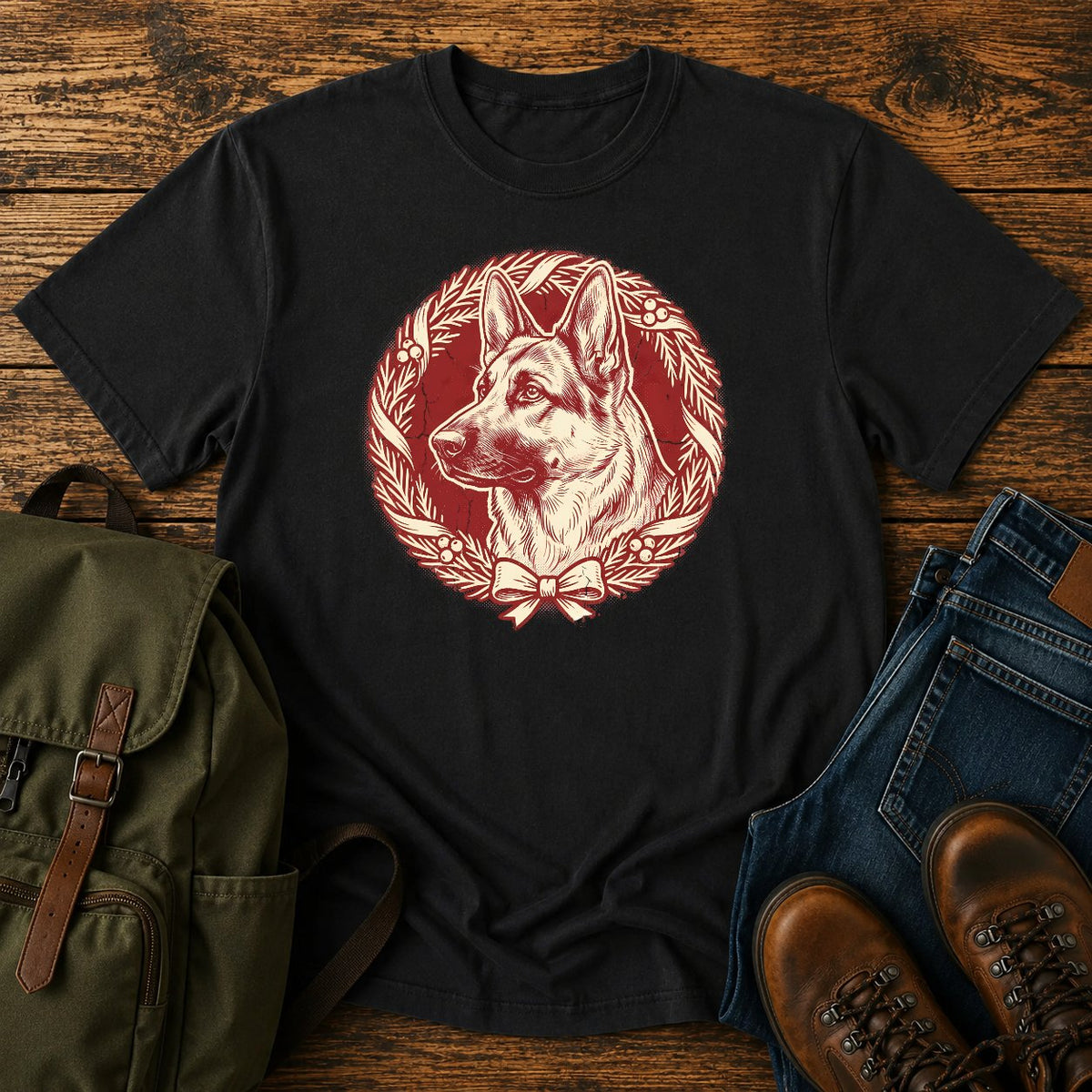 German Shepherd holiday wreath t-shirt design with festive dog portrait