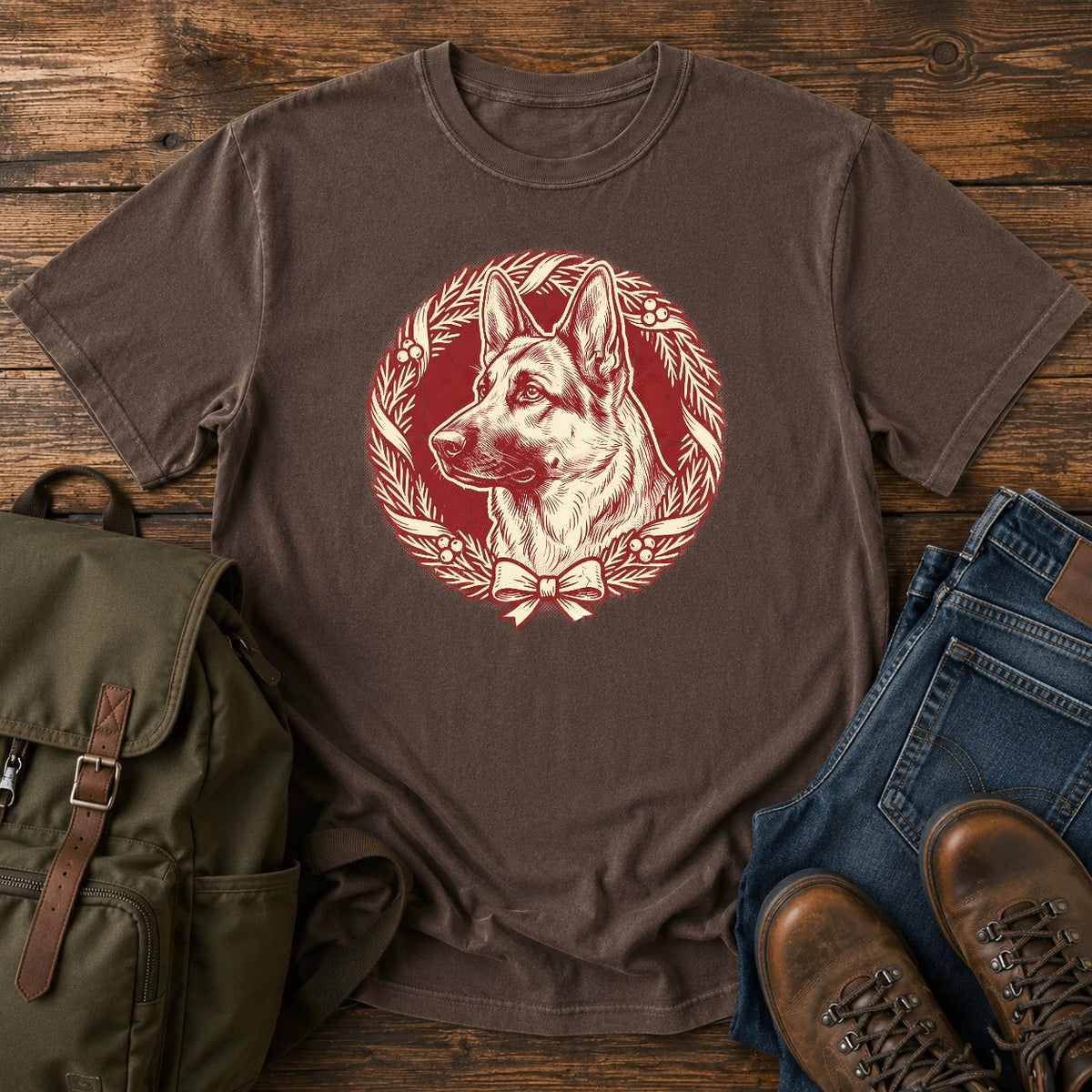 German Shepherd holiday wreath t-shirt design with festive dog portrait