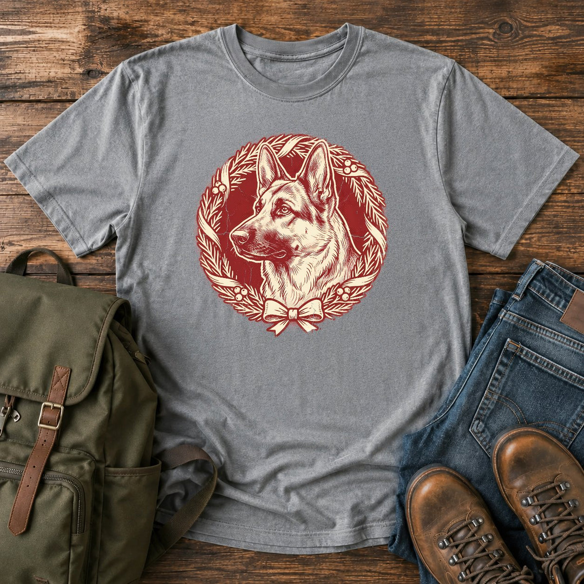 German Shepherd holiday wreath t-shirt design with festive dog portrait