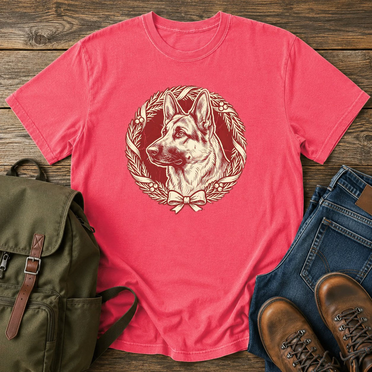 German Shepherd holiday wreath t-shirt design with festive dog portrait