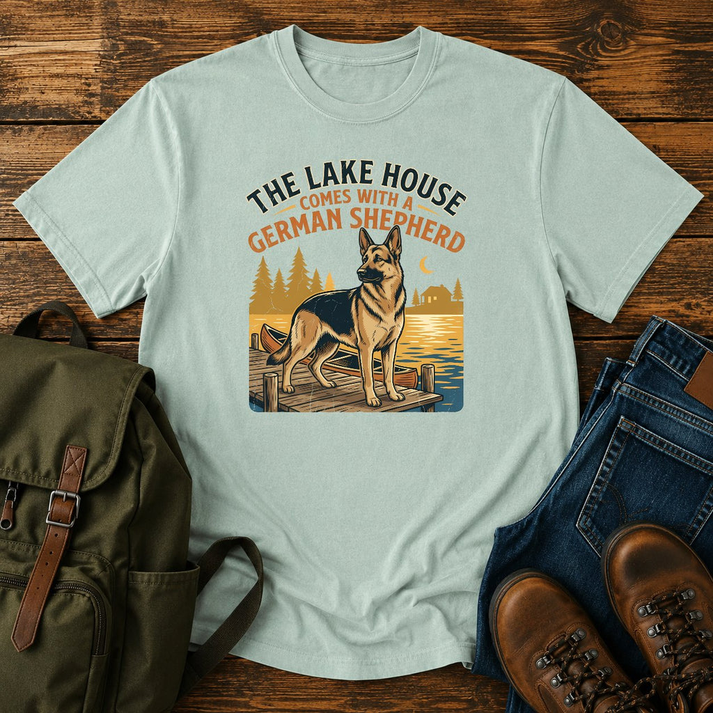 German Shepherd lake house paddling t-shirt design with dock and canoe scene