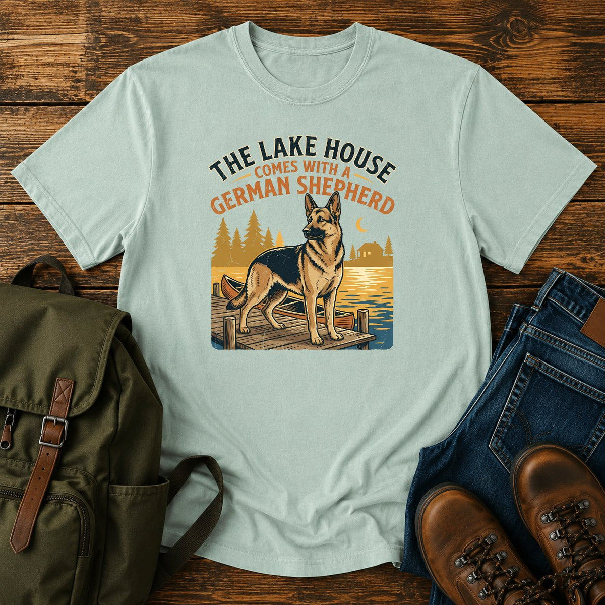 German Shepherd lake house paddling t-shirt design with dock and canoe scene