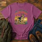German Shepherd lake house paddling t-shirt design with dock and canoe scene