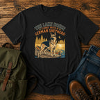 German Shepherd lake house paddling t-shirt design with dock and canoe scene