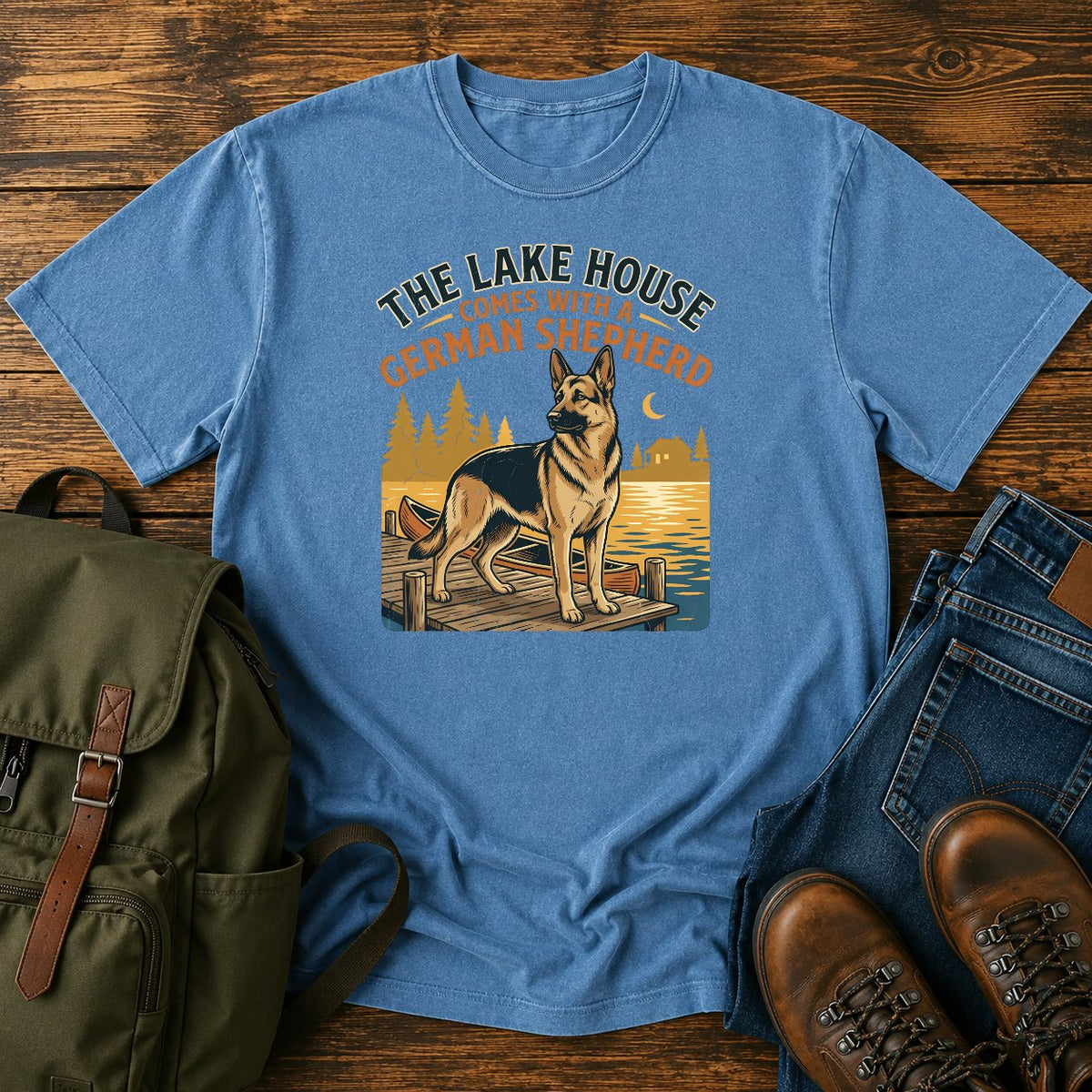 German Shepherd lake house paddling t-shirt design with dock and canoe scene
