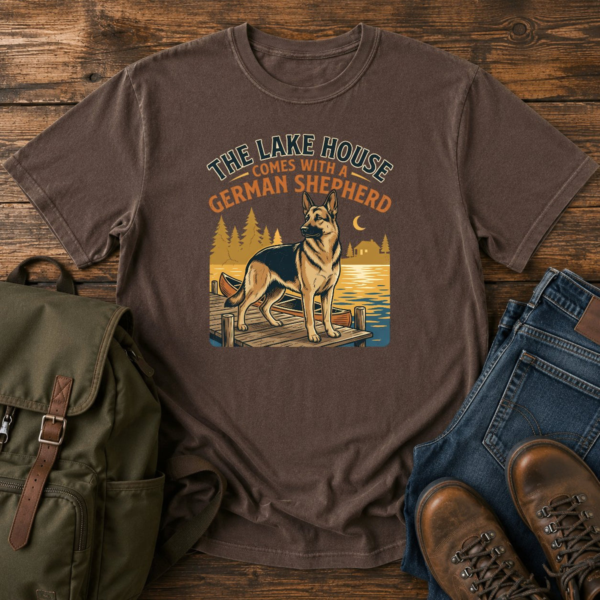 German Shepherd lake house paddling t-shirt design with dock and canoe scene