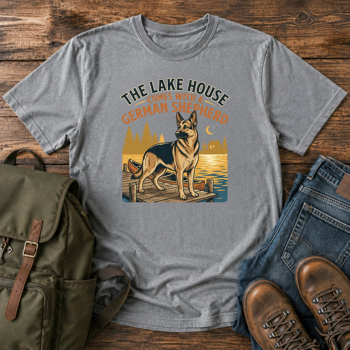 German Shepherd lake house paddling t-shirt design with dock and canoe scene