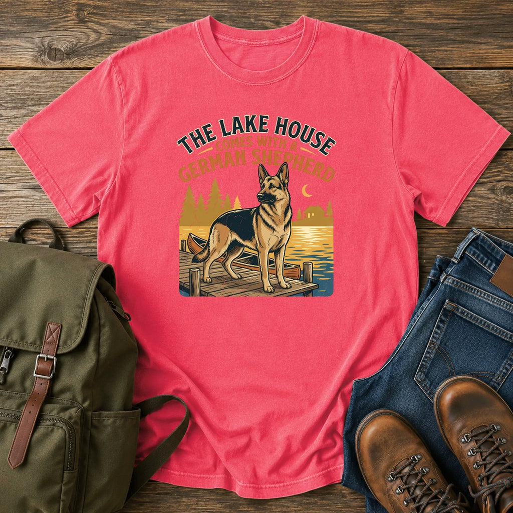 German Shepherd lake house paddling t-shirt design with dock and canoe scene