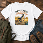 German Shepherd lake house paddling t-shirt design with dock and canoe scene