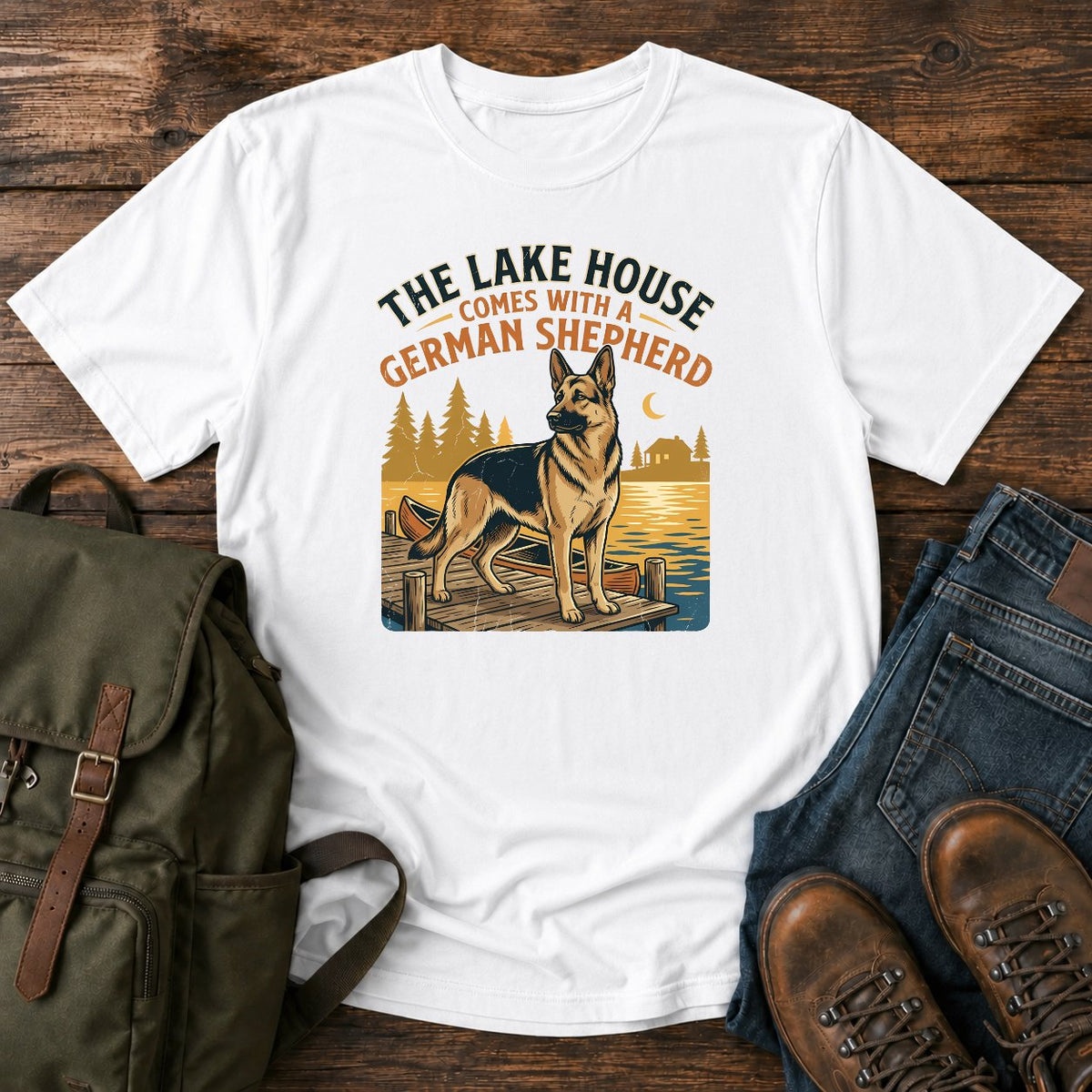 German Shepherd lake house paddling t-shirt design with dock and canoe scene