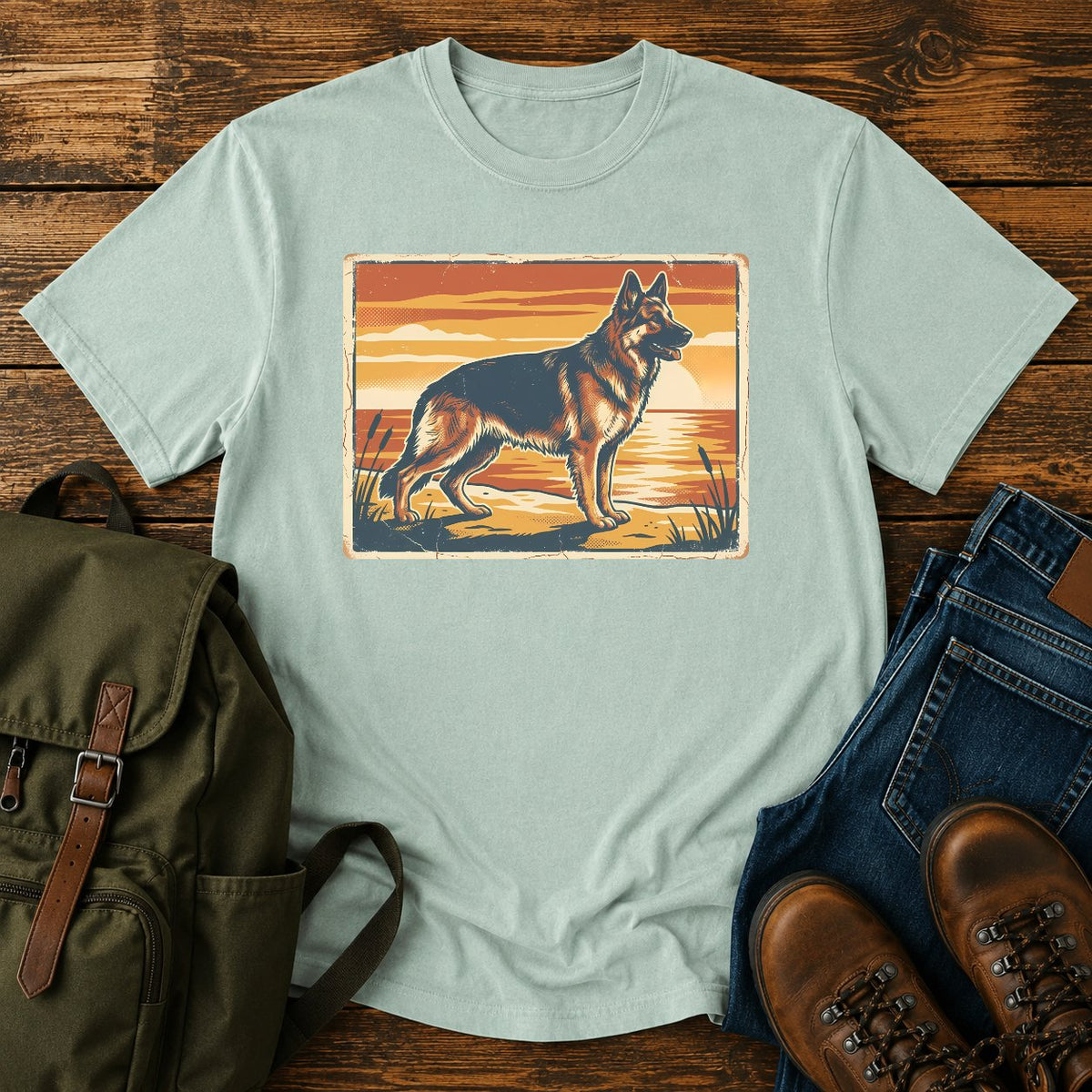 German Shepherd lake sunset t-shirt design with dog standing at the waterline.
