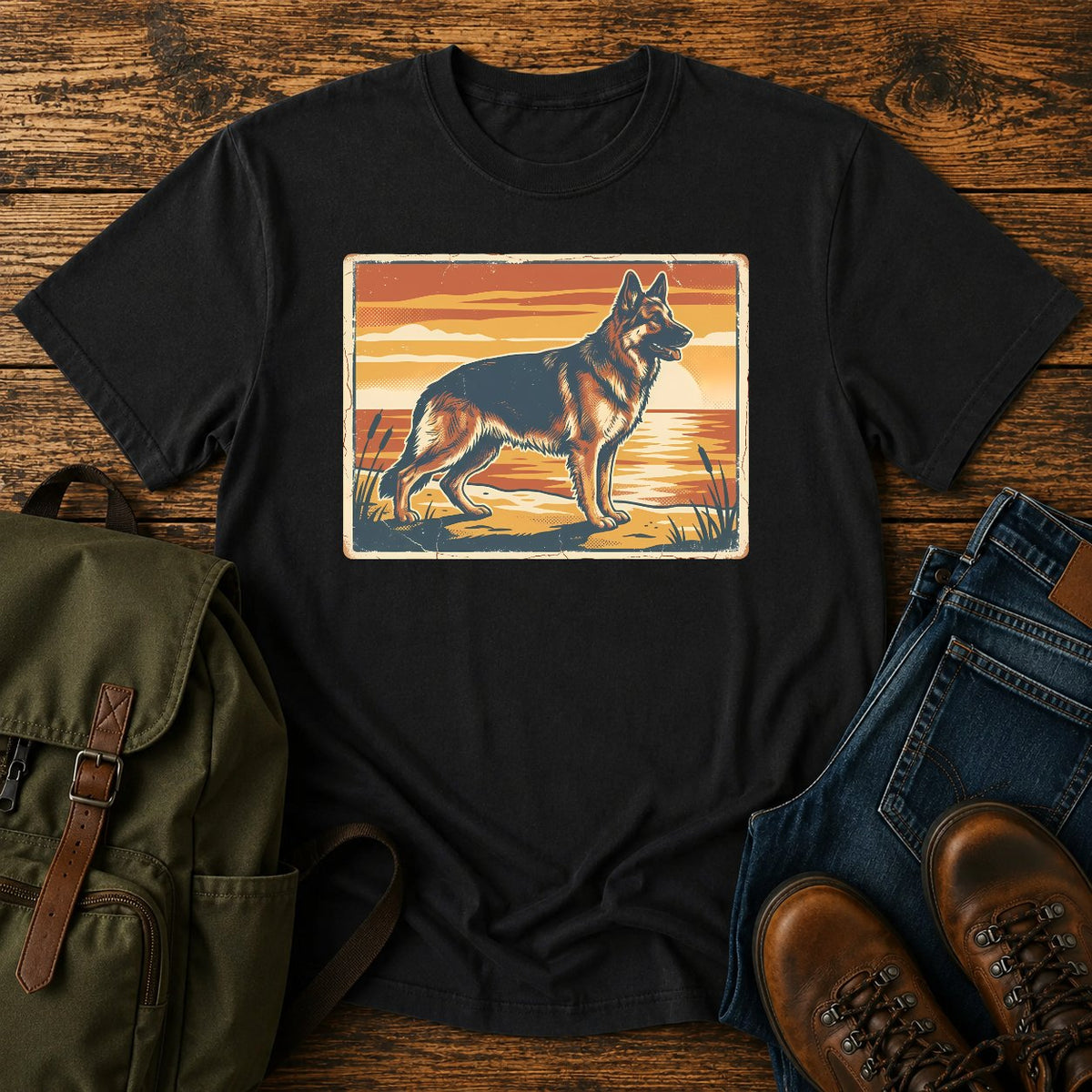 German Shepherd lake sunset t-shirt design with dog standing at the waterline.