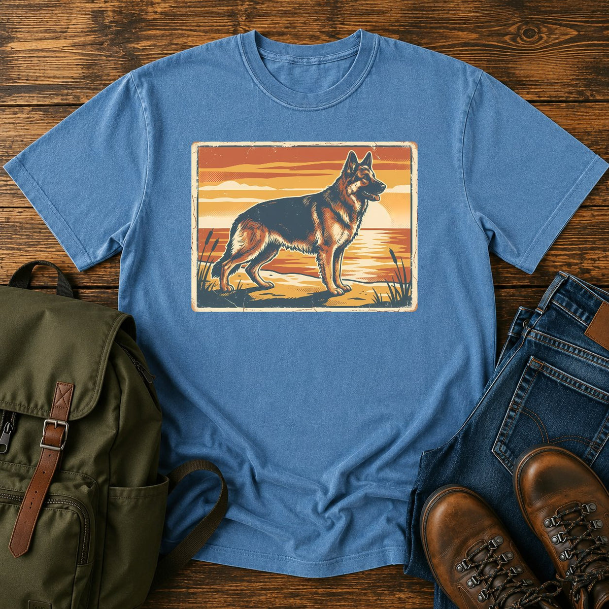 German Shepherd lake sunset t-shirt design with dog standing at the waterline.
