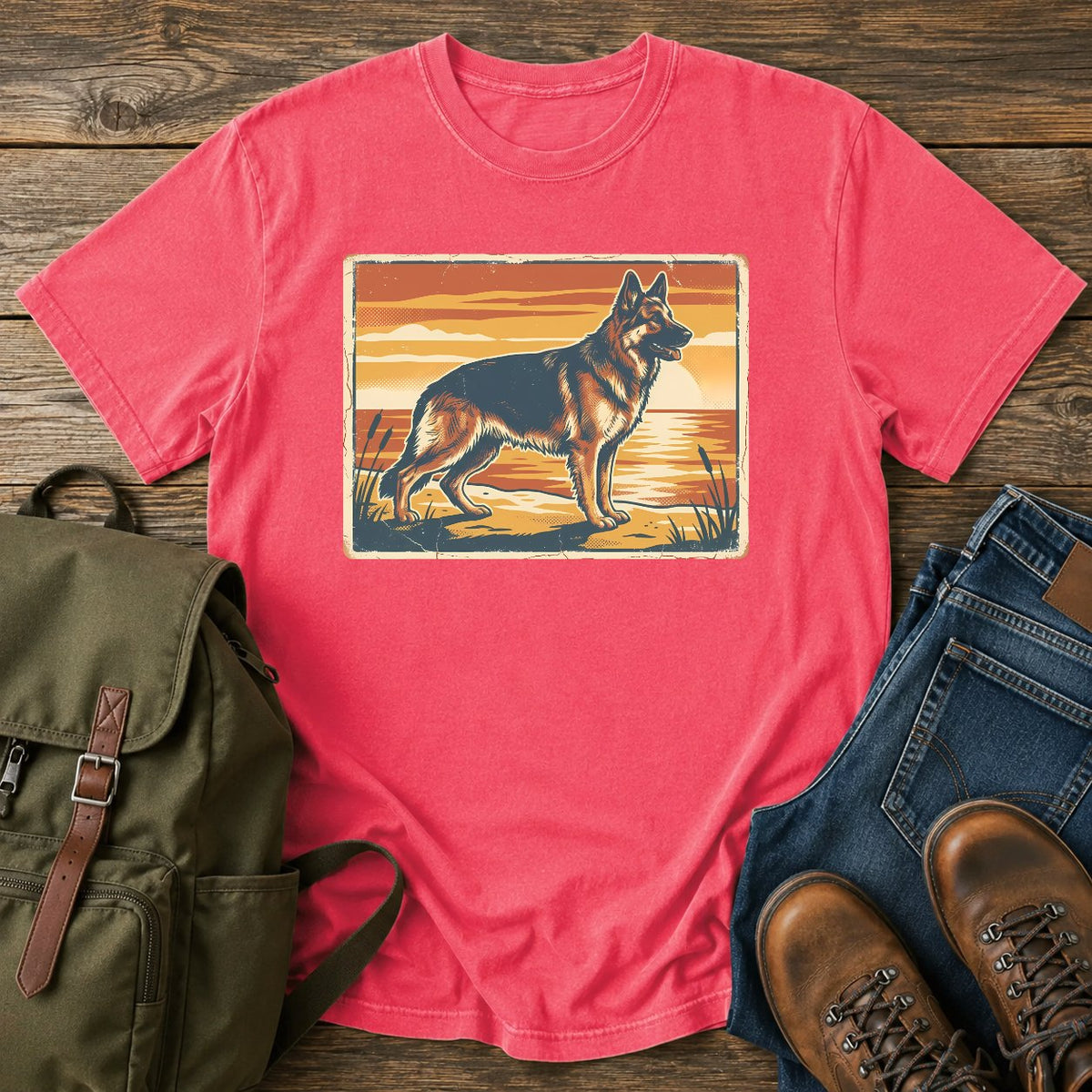 German Shepherd lake sunset t-shirt design with dog standing at the waterline.