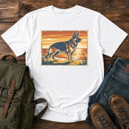German Shepherd lake sunset t-shirt design with dog standing at the waterline.
