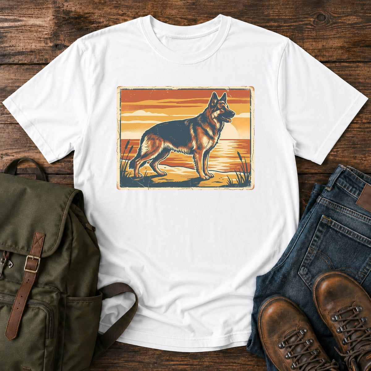 German Shepherd lake sunset t-shirt design with dog standing at the waterline.