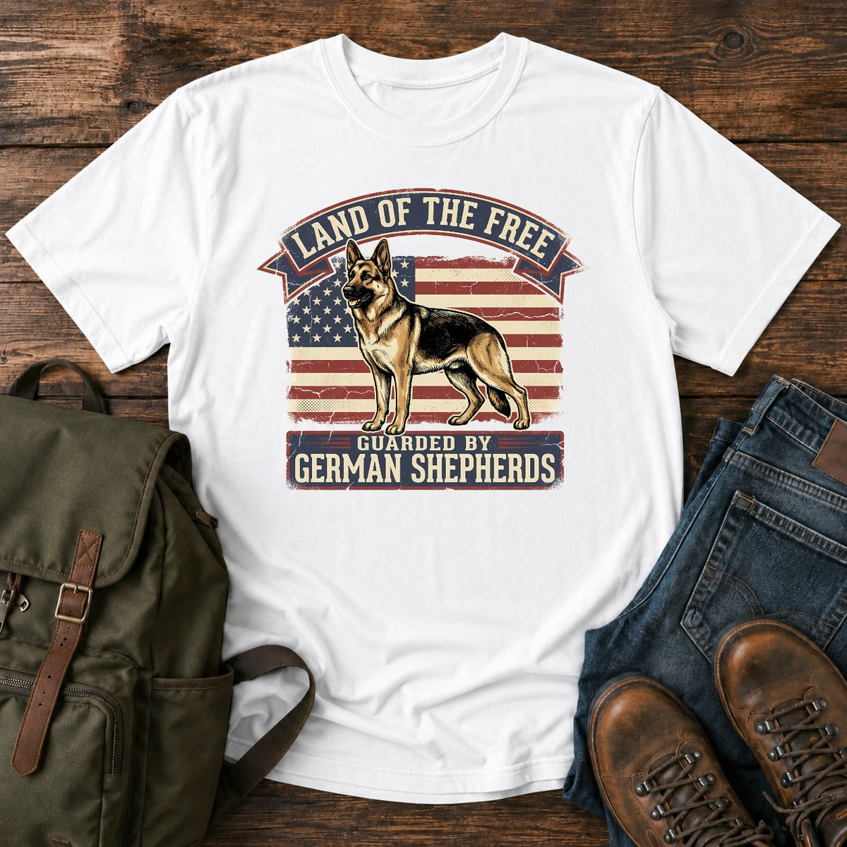 German Shepherd patriotic flag t-shirt design reading Land Of The Free.