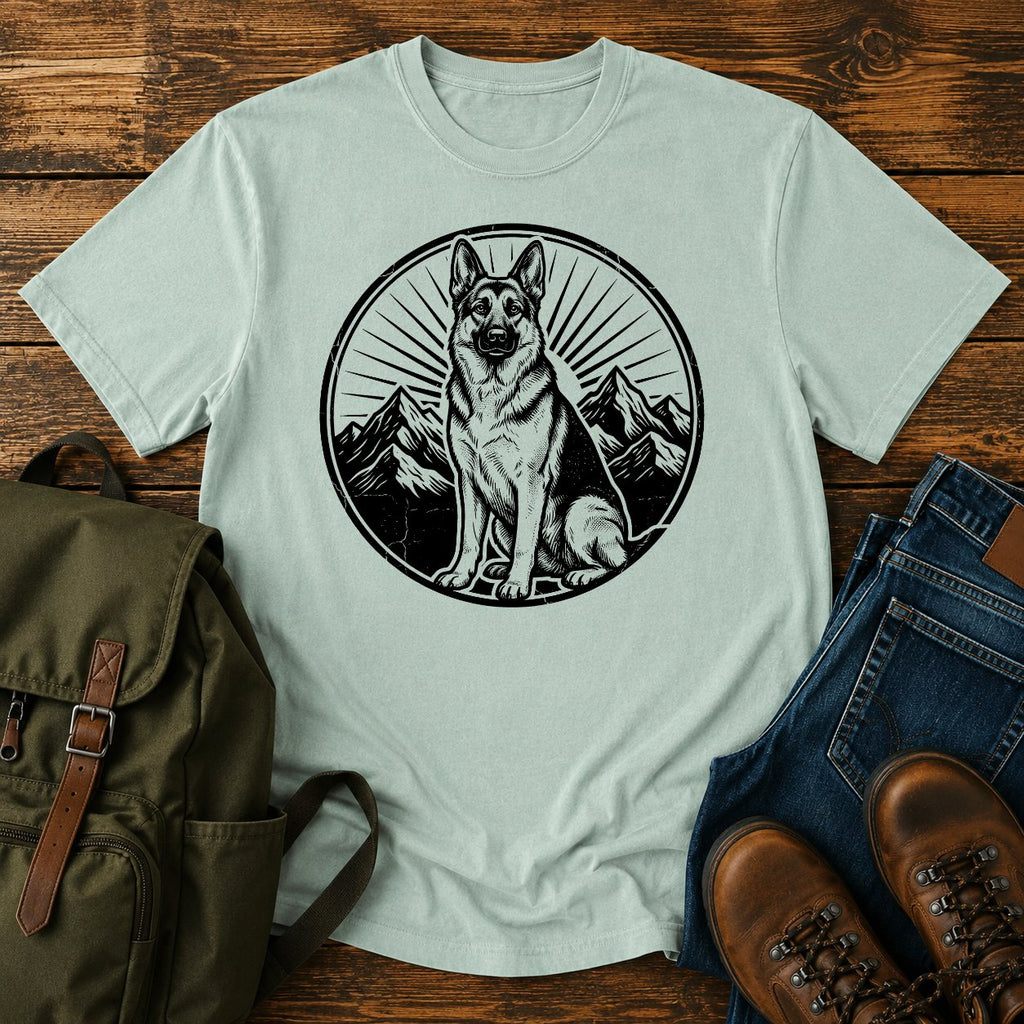 German Shepherd mountain crest emblem t-shirt design