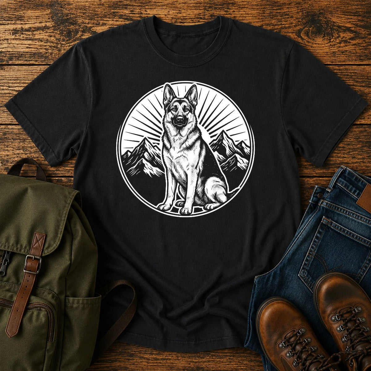 German Shepherd mountain crest emblem t-shirt design