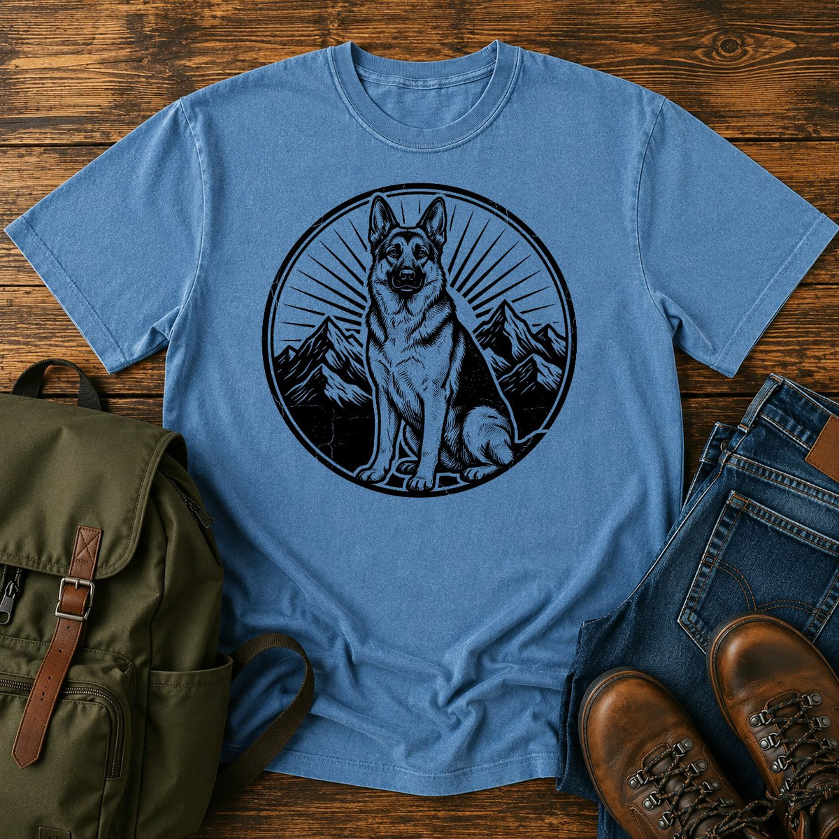 German Shepherd mountain crest emblem t-shirt design