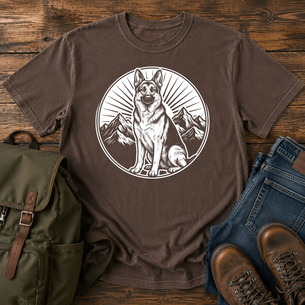 German Shepherd mountain crest emblem t-shirt design