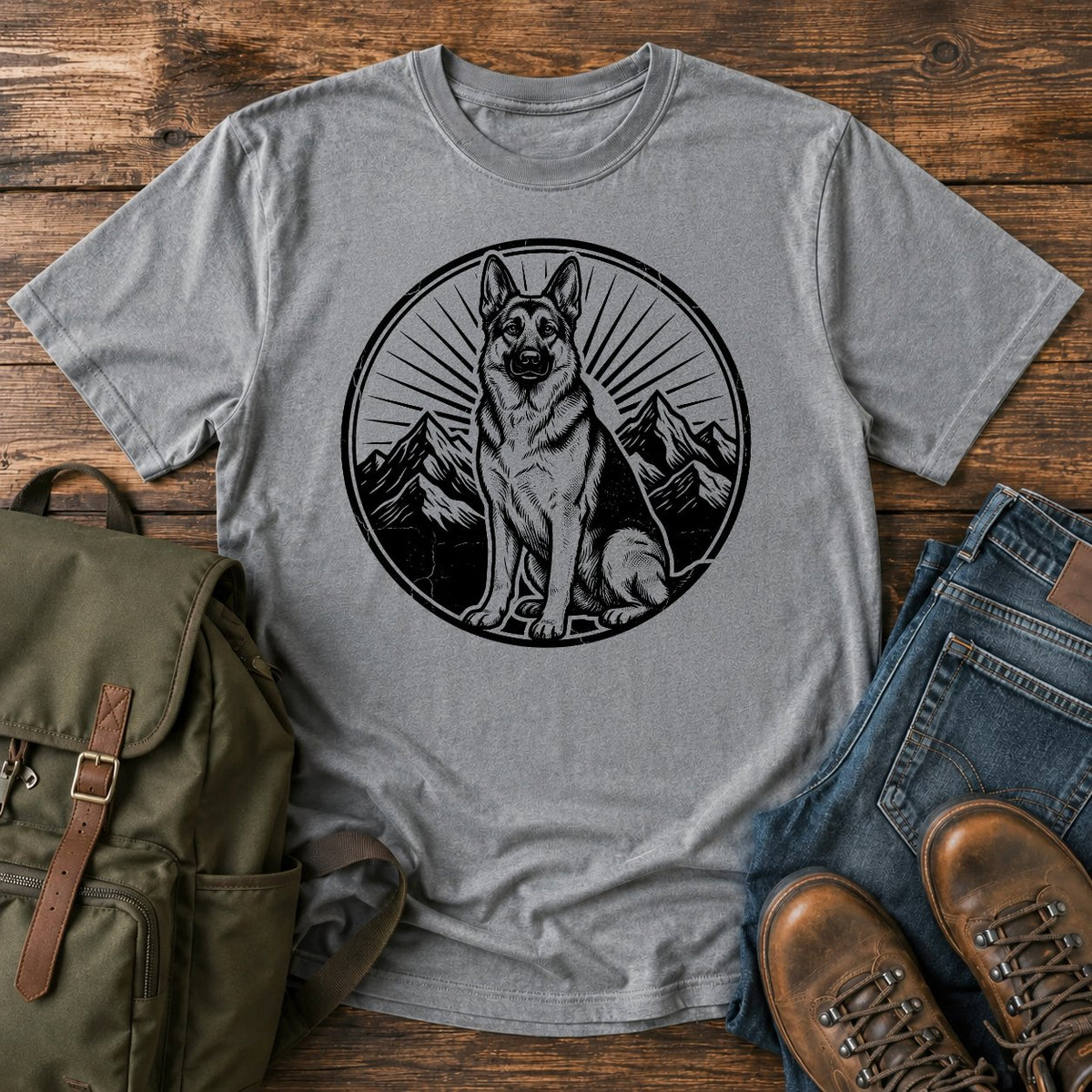 German Shepherd mountain crest emblem t-shirt design