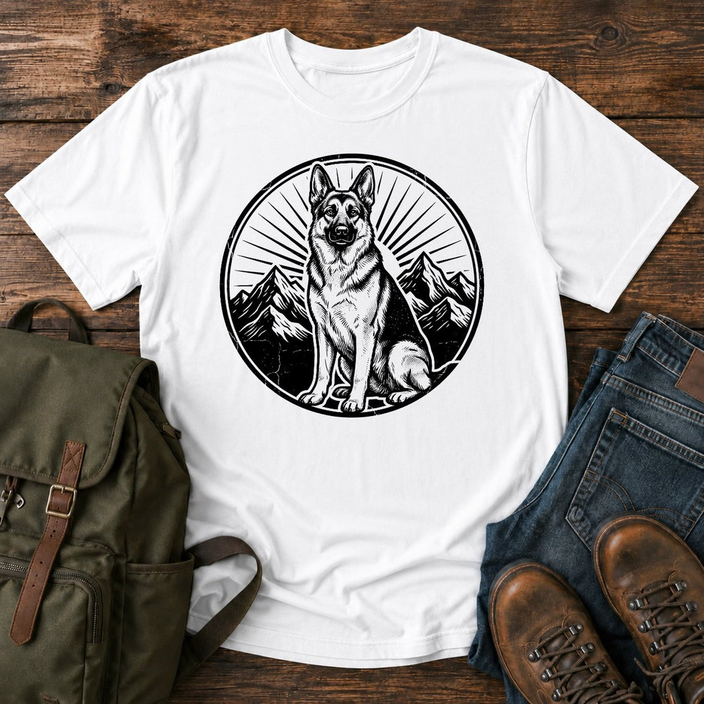 German Shepherd mountain crest emblem t-shirt design