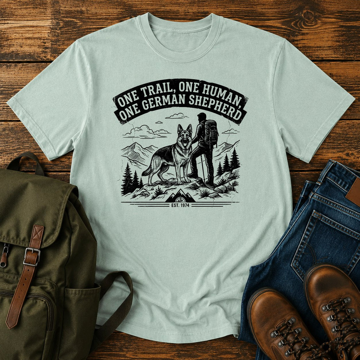 German Shepherd one trail one human slogan t-shirt design — "One Trail, One Human, One German Shepherd"