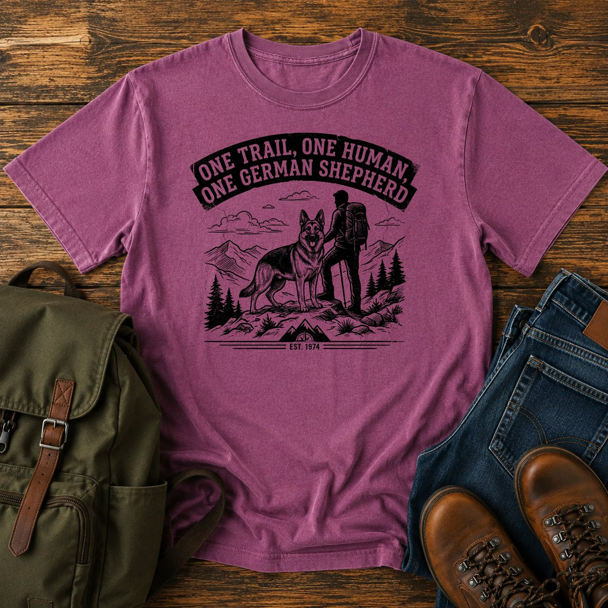 German Shepherd one trail one human slogan t-shirt design — "One Trail, One Human, One German Shepherd"