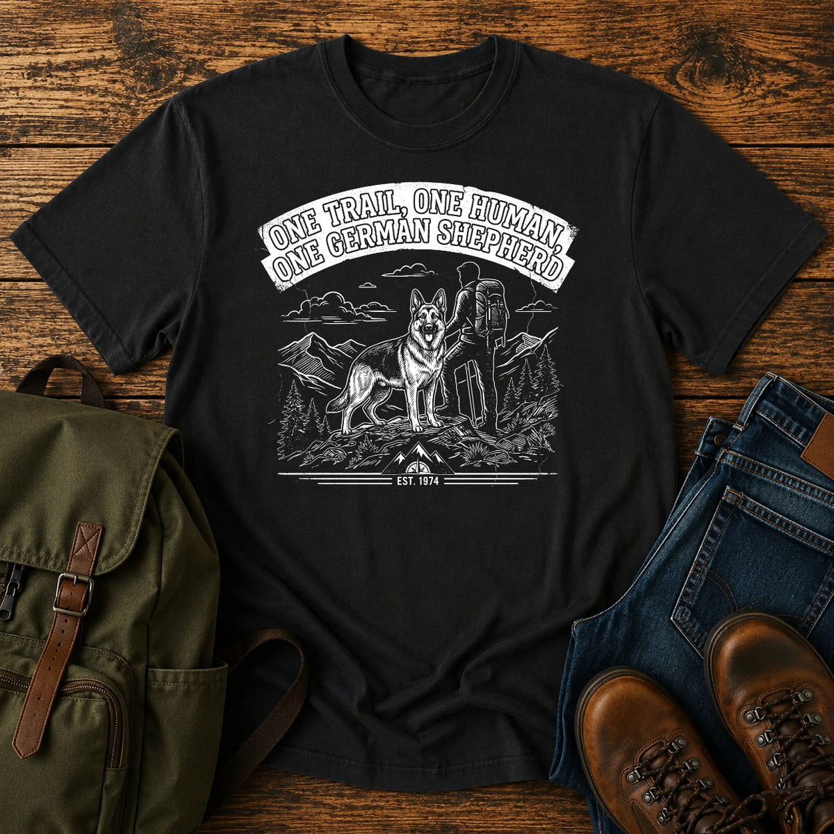 German Shepherd one trail one human slogan t-shirt design — "One Trail, One Human, One German Shepherd"