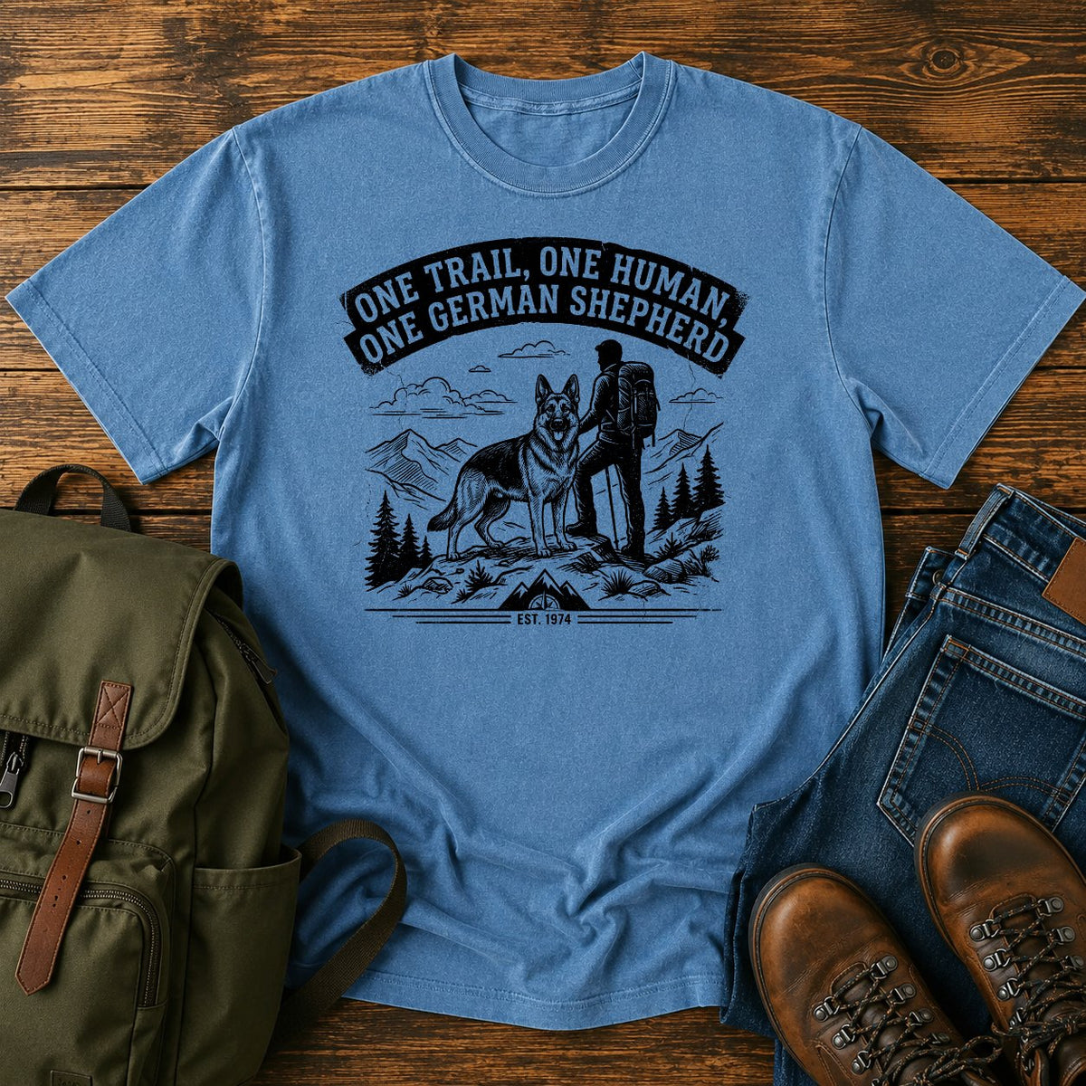 German Shepherd one trail one human slogan t-shirt design — "One Trail, One Human, One German Shepherd"