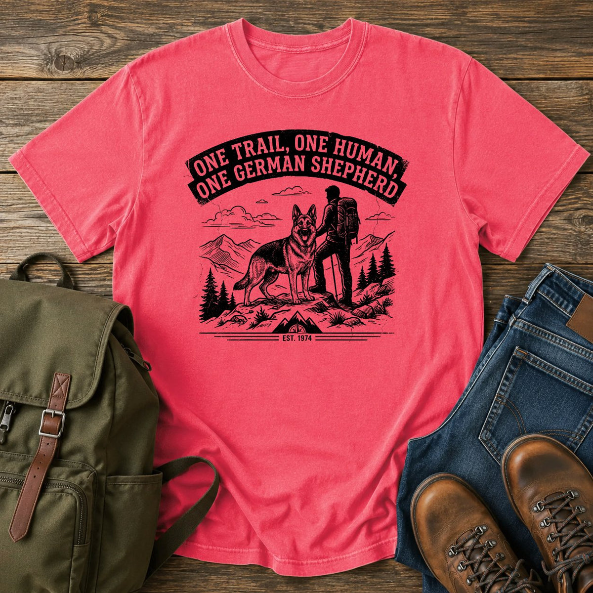 German Shepherd one trail one human slogan t-shirt design — "One Trail, One Human, One German Shepherd"
