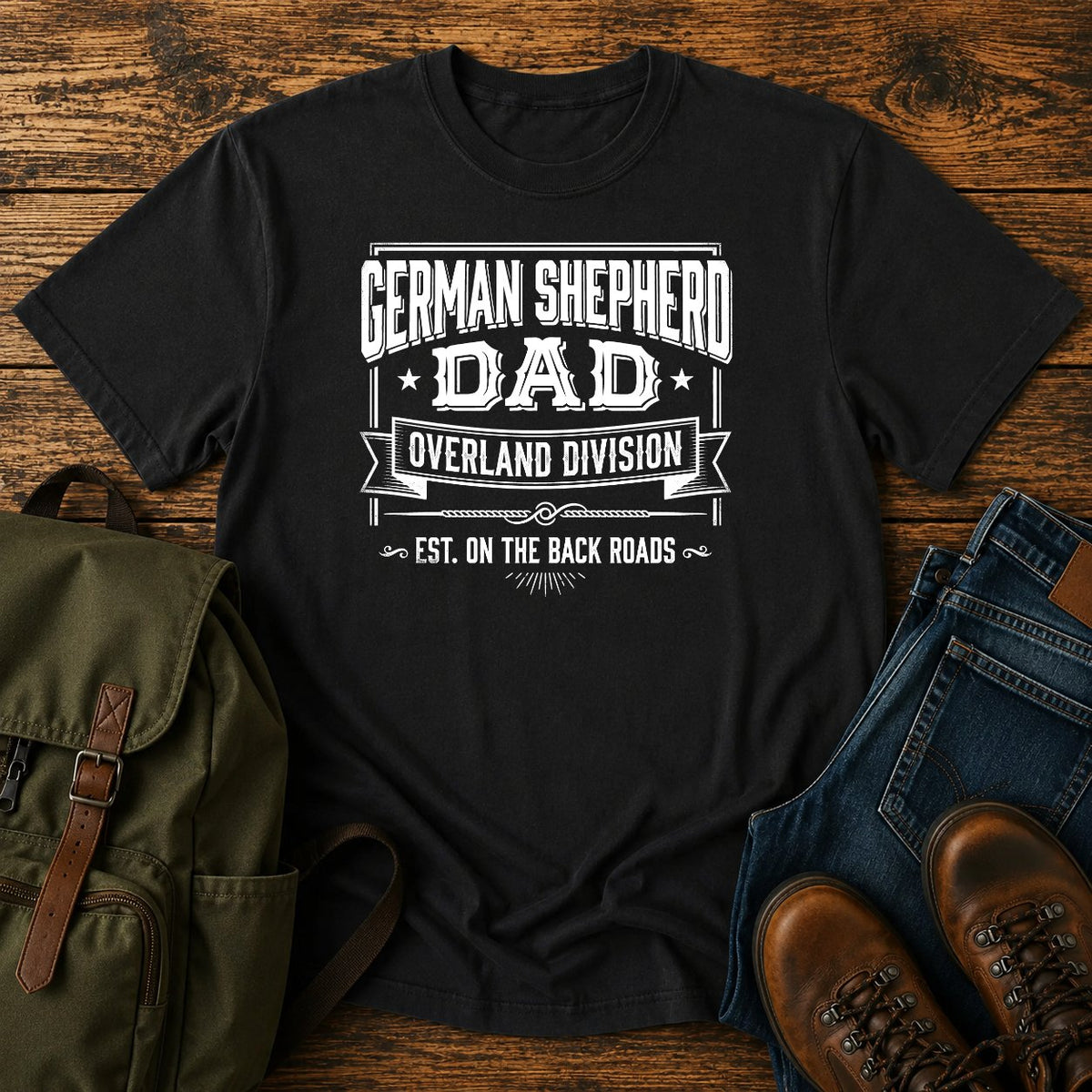 German Shepherd overland dad slogan t-shirt design