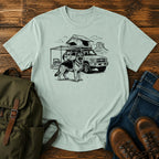German Shepherd rig camp overlanding scene t-shirt design