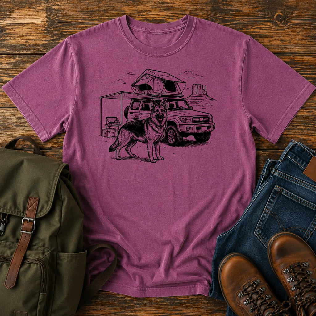 German Shepherd rig camp overlanding scene t-shirt design