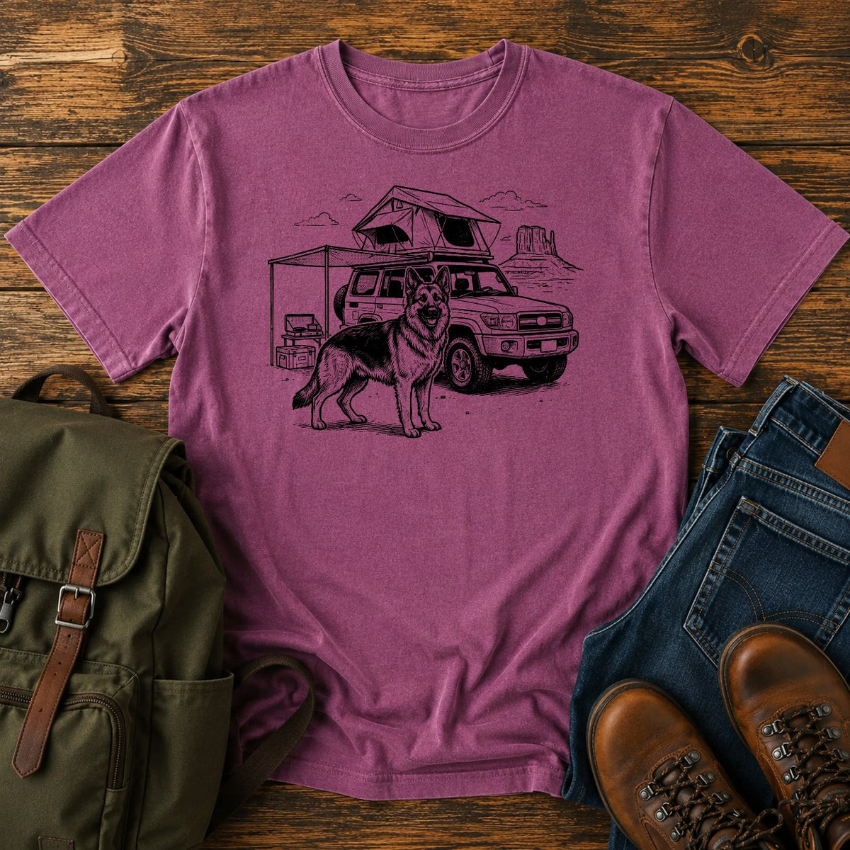 German Shepherd rig camp overlanding scene t-shirt design