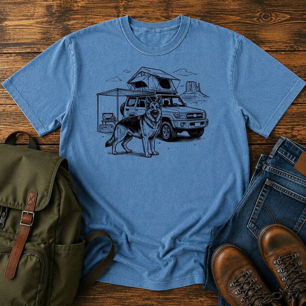 German Shepherd rig camp overlanding scene t-shirt design