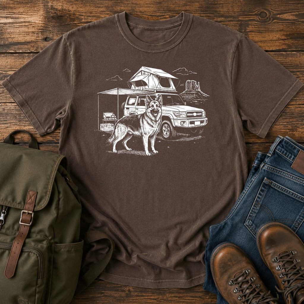 German Shepherd rig camp overlanding scene t-shirt design